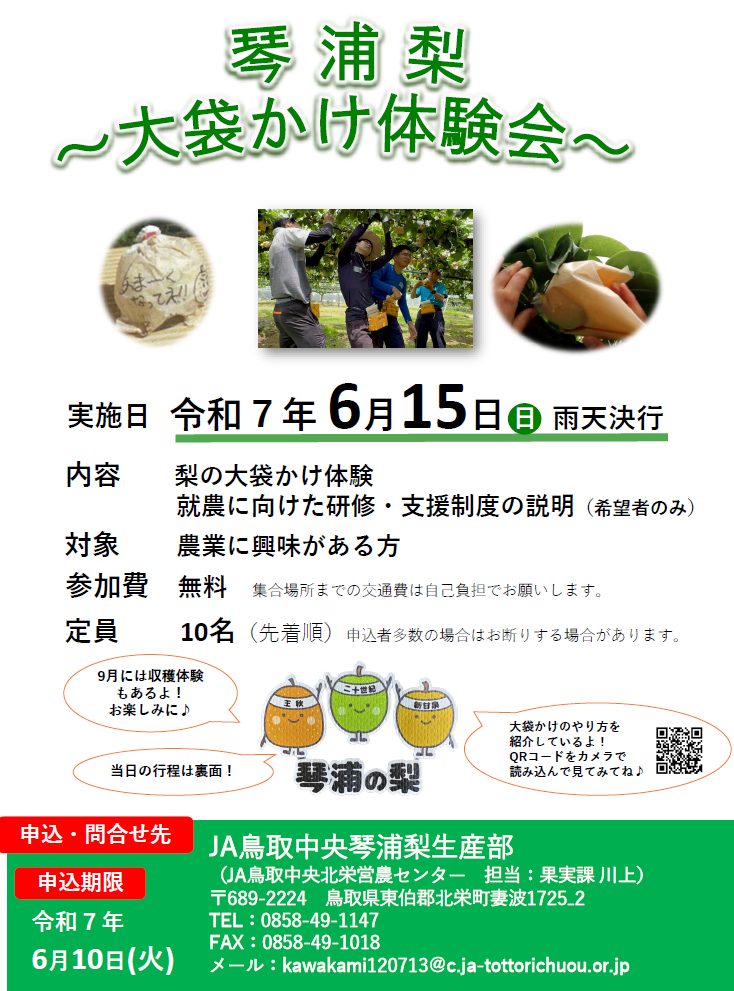 【参加者募集！】琴浦梨産地体験会～大袋かけ～を開催します